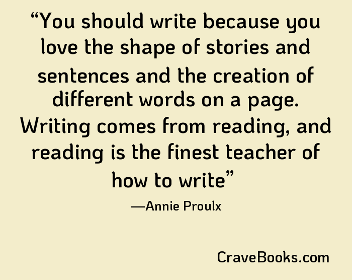 You should write because you love the shape of stories and sentences and the creation of different words on a page. Writing comes from reading, and reading is the finest teacher of how to write