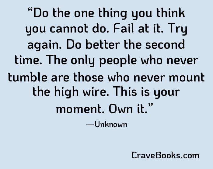 Do the one thing you think you cannot do. Fail at it. Try again. Do better the second time. The only people who never tumble are those who never mount the high wire. This is your moment. Own it.