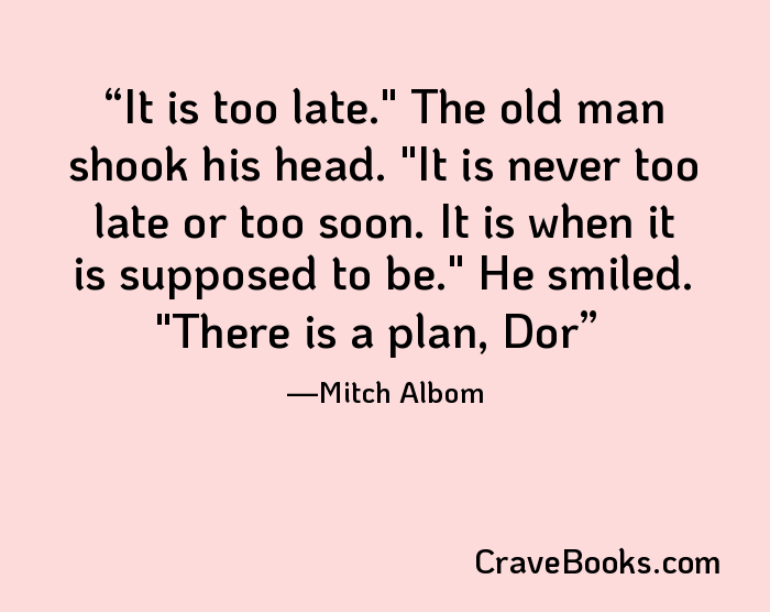 It is too late." The old man shook his head. "It is never too late or too soon. It is when it is supposed to be." He smiled. "There is a plan, Dor